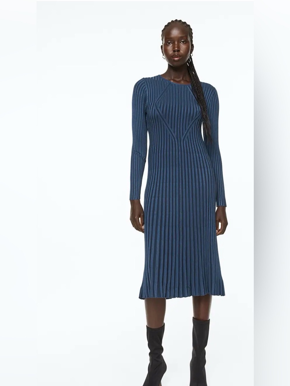 H&M navy ribbed knit midi sweater dress long sleeve scoop neck fluted hem
